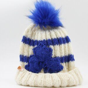 Handmade Hand Knit Small Maple Leafs White & Blue  Merino Wool Hat with Pom Pom
